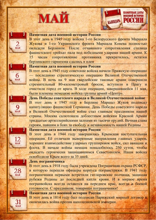 Календарь памятных дат военной истории России МАЙ