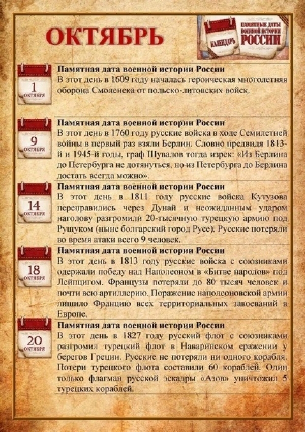 Календарь Памятных даты военной истории России октябрь